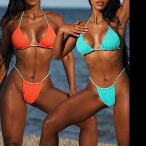 Prettylittlething Blue And Orange Reversible Ribbed Bikini Set Size 6